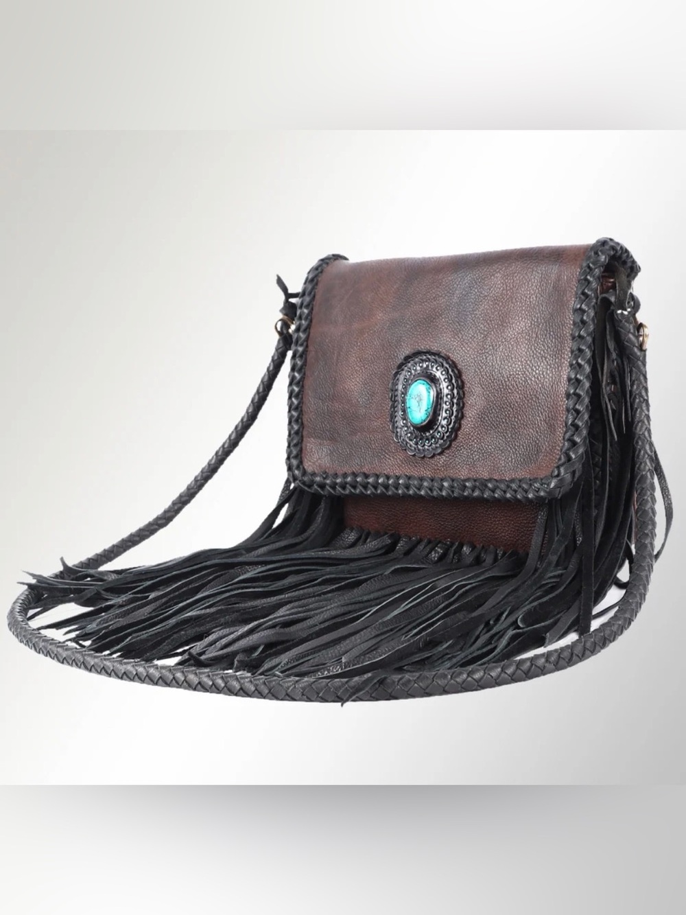 Western Fringe Crossbody Bag with Turquoise Accent - Brown and Black